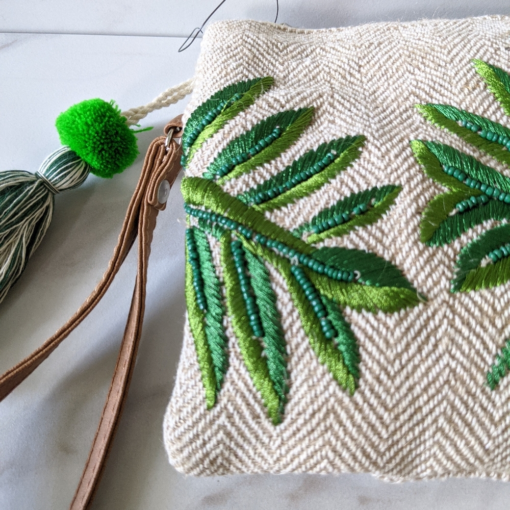 Embroidered Beaded Palm Leaf Boho Wristlet Clutch - Picture 5 of 9